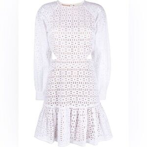 Michael Kors Cut Out GEO Eyelet Embroidered Mini Dress Nude Lined White 12 NWT